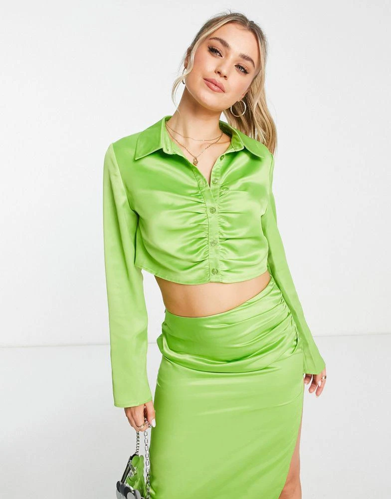 商品In The Style|In The Style exclusive cropped ruched shirt co-ord in lime,价格¥134,第1张图片