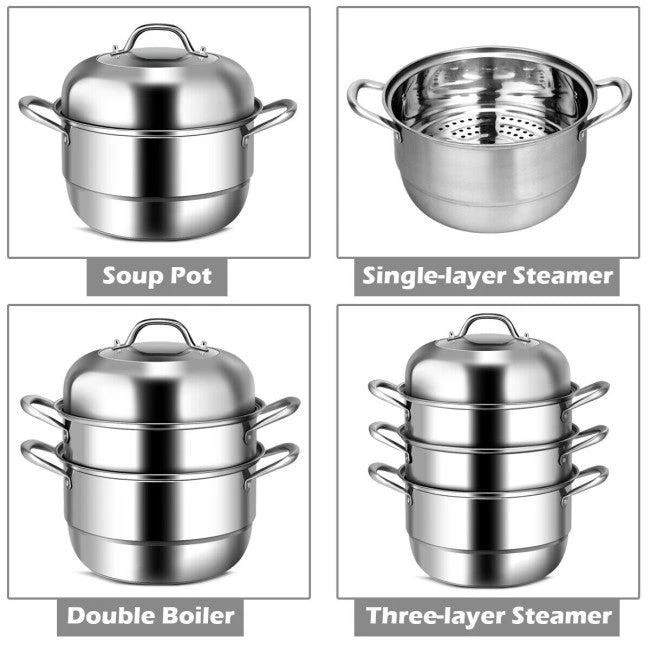 商品QuikFurn|3 Tier Large Stainless Steel Steamer Cookware Set,价格¥972,第3张图片详细描述