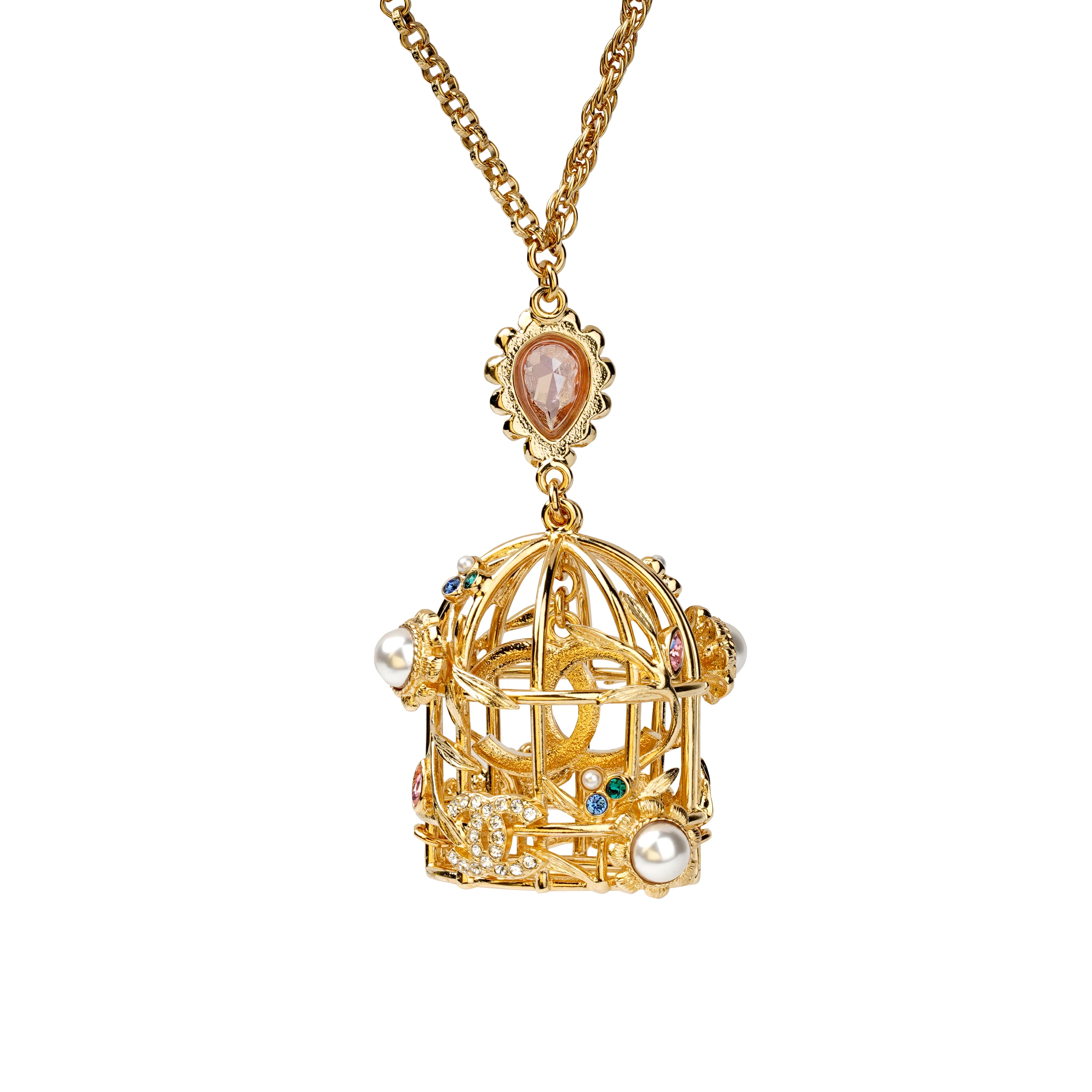 商品[国内直发] Chanel|香奈儿 经典双C金色鸟笼水滴吊坠  项链 女款 金色,价格¥17453,第4张图片详细描述