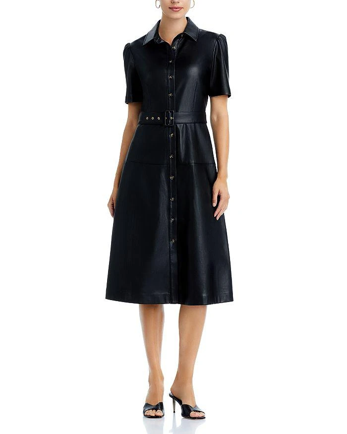 商品Tahari|Faux Leather Button Front Midi Dress,价格¥377,第1张图片