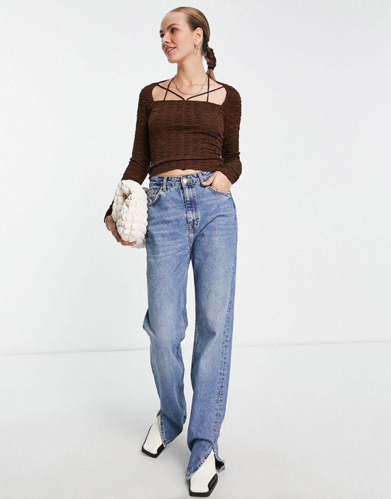 Topshop textured multi strap long sleeve top in brown商品第4张图片规格展示