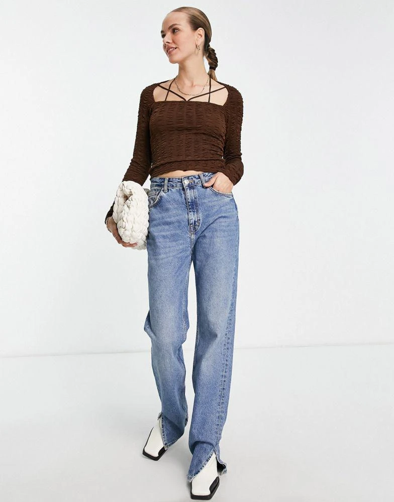 商品Topshop|Topshop textured multi strap long sleeve top in brown,价格¥216,第4张图片详细描述