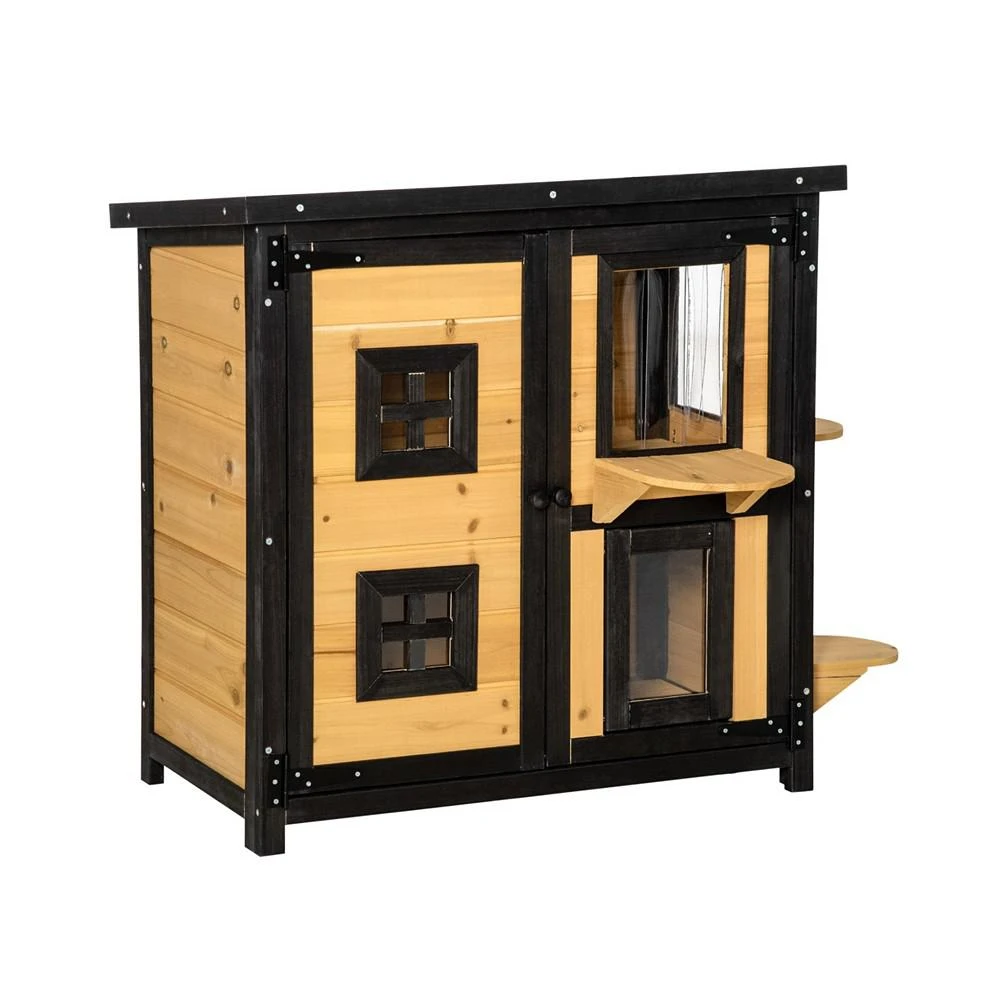 商品PawHut|Outdoor Wood Cat House Shelter Condo w/ Windows Escape Door, Yellow,价格¥1105,第1张图片