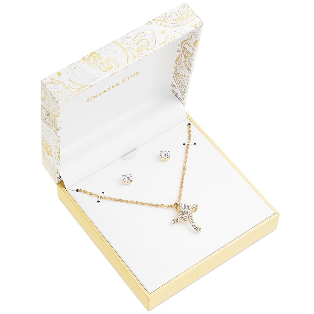 Gold-Tone Pavé Crystal Cross Pendant Necklace & Stud Earrings Boxed Set, 17" + 2" extender, Created for Macy's商品第3张图片规格展示