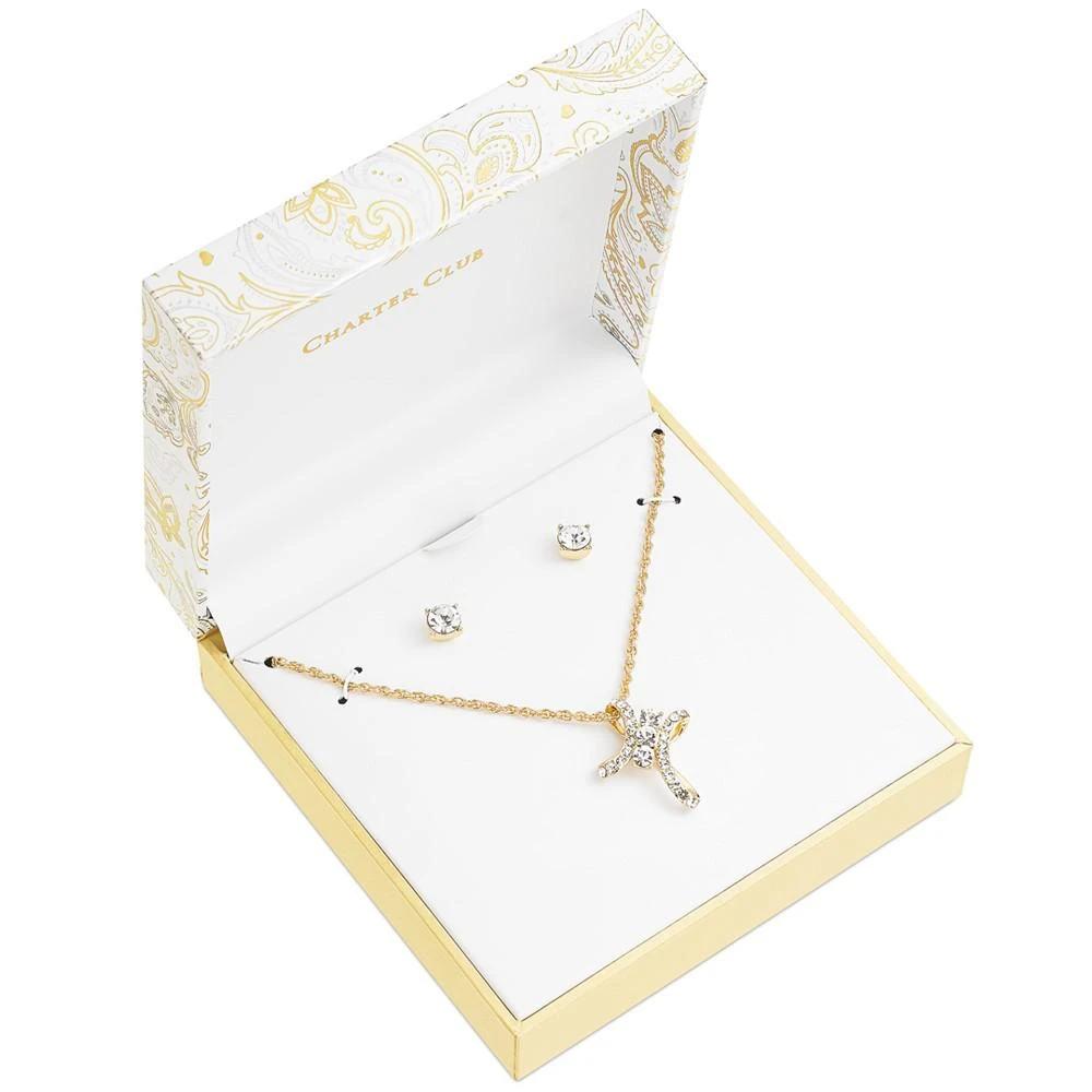 商品Charter Club|Gold-Tone Pavé Crystal Cross Pendant Necklace & Stud Earrings Boxed Set, 17" + 2" extender, Created for Macy's,价格¥66,第3张图片详细描述