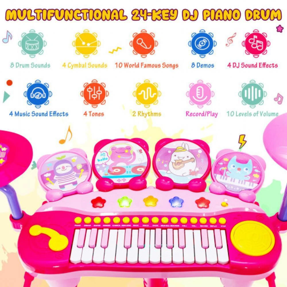 商品Hivvago|24-Key Piano Keyboard DJ Drum Combination with Microphone and MP3-Pink,价格¥557,第5张图片详细描述