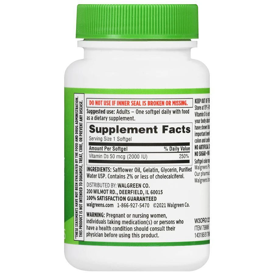 商品Walgreens|Vitamin D3 50 mcg Softgels,价格¥148,第3张图片详细描述