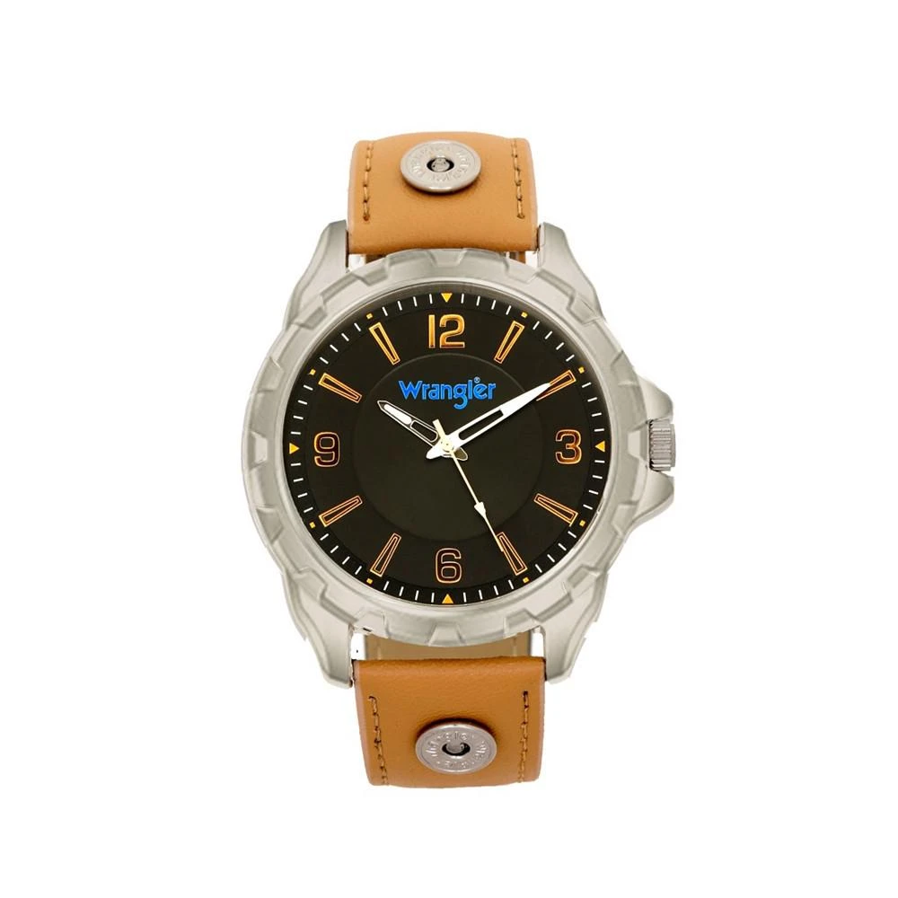 商品Wrangler|Men's Watch, 53.5MM Silver Colored Case, Black Dial with Notched Bezel, Zoned Dial with White Arabic Numerals, Wheat Leather Strap with Rivets, White Second Hand,价格¥228,第1张图片