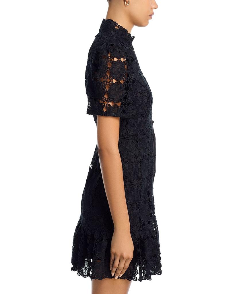 Aqua Floral Lace Mock Neck Mini Dress -Exclusive - Black - S