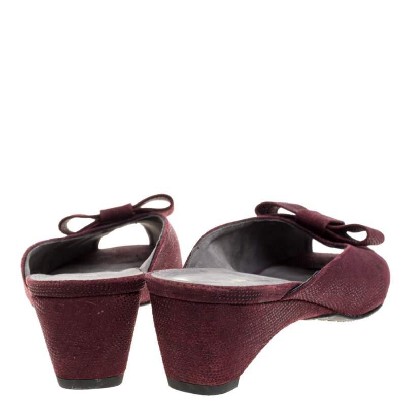 Stuart Weitzman Burgundy Textured Suede Bow Peep Toe Slide Sandals Size 38商品第5张图片规格展示