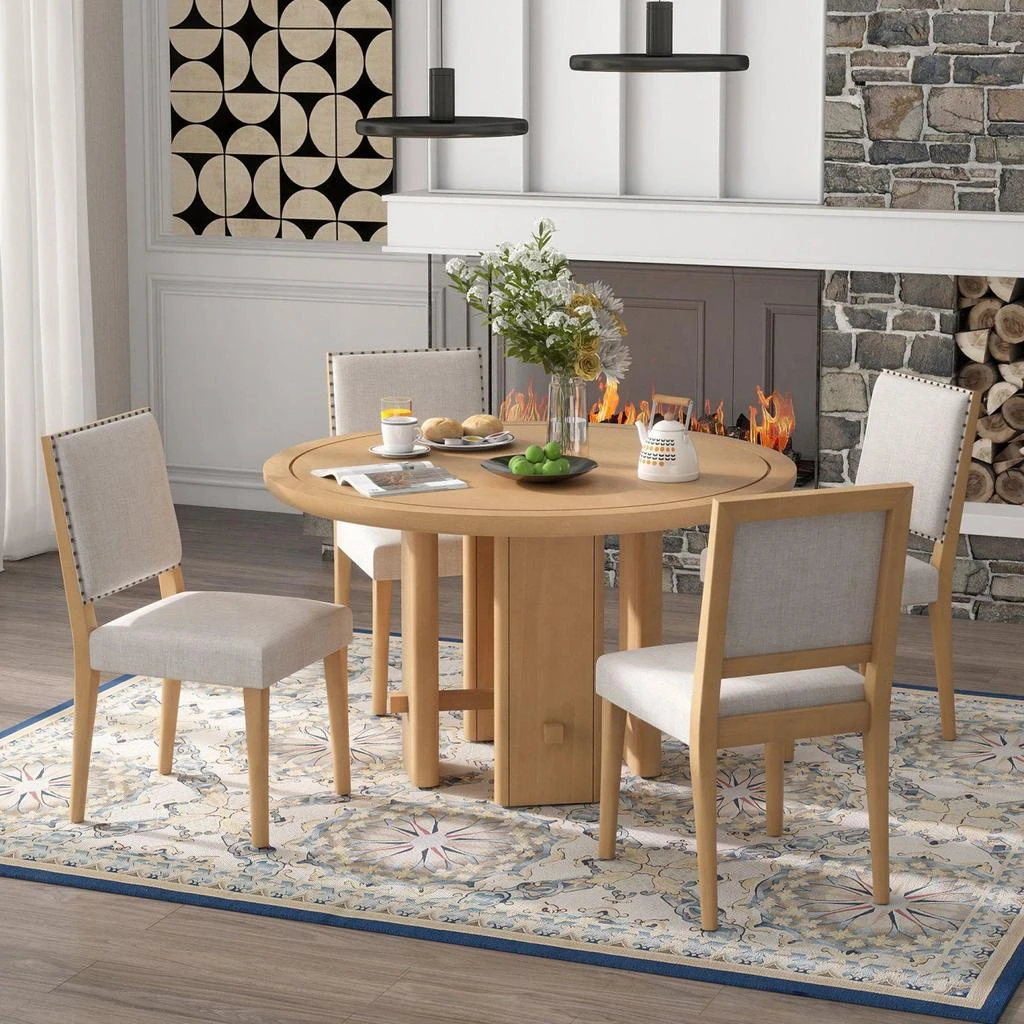 商品Streamdale Furniture|Streamdale 5-Piece Round Dining Set: Table & 4 Upholstered Chairs (Brown),价格¥6505,第2张图片详细描述