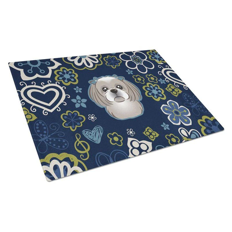 商品Caroline's Treasures|BB5101LCB Blue Flowers Gray Silver Shih Tzu Glass Cutting Board L,价格¥263,第1张图片