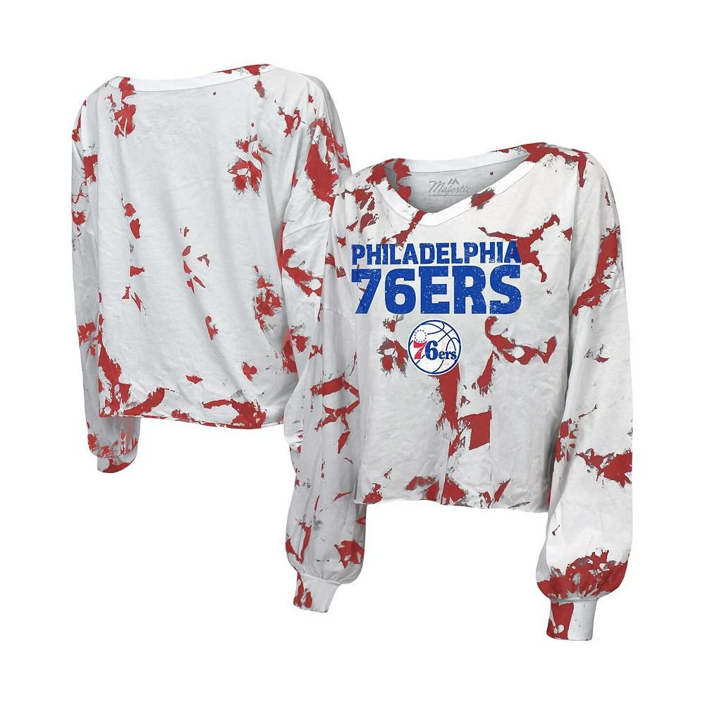 商品Majestic|Women's Threads White and Red Philadelphia 76ers Aquarius Tie-Dye Cropped V-Neck Long Sleeve T-shirt,价格¥356,第1张图片