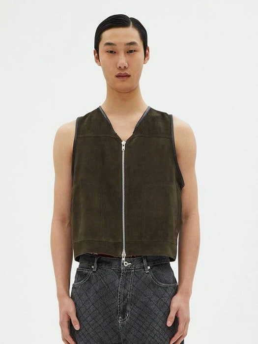 商品ANDROS|Short Leather Vest Khaki,价格¥2345,第1张图片