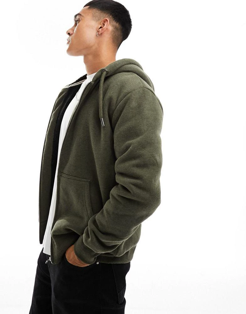 商品Superdry|Superdry essential borg lined zip hoodie in Olive Marl,价格¥443,第1张图片