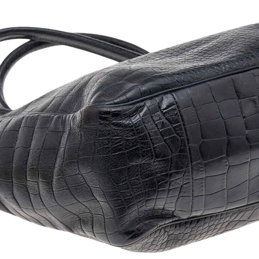 Longchamp Black Glaze Croc Embossed Leather Roseau Tote 商品