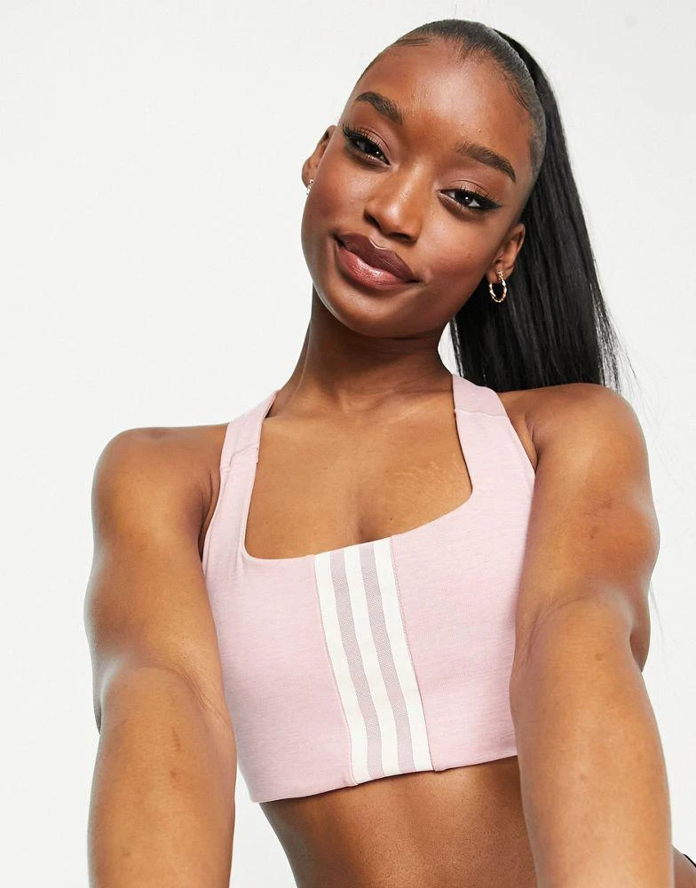 商品Adidas|adidas Training 3 Stripe design mid-support sports bra in pink,价格¥225,第4张图片详细描述