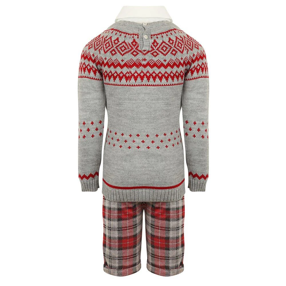 商品Caramelo Kids|Grey & Red Fair Isle Jumper Shirt & Tartan Shorts Set,价格¥266,第3张图片详细描述