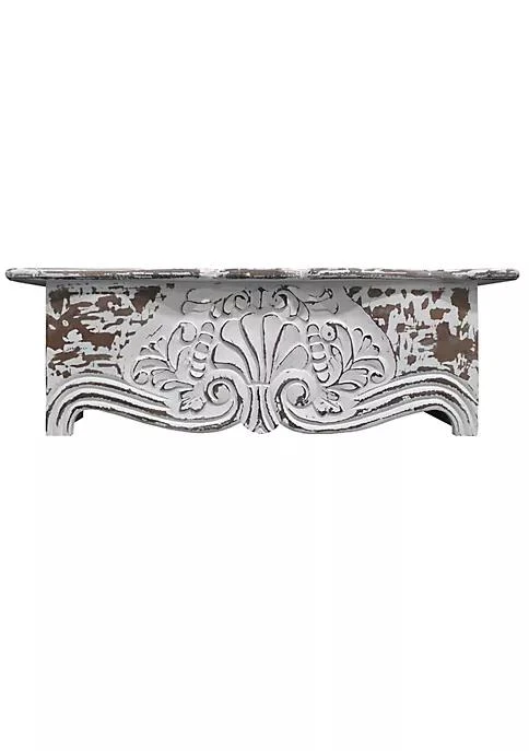 商品Duna Range|Range 28 Inch Handcrafted Floating Wall Shelf Ornate Carved Wood With Engraved Floral Details Distressed White,价格¥308,第1张图片