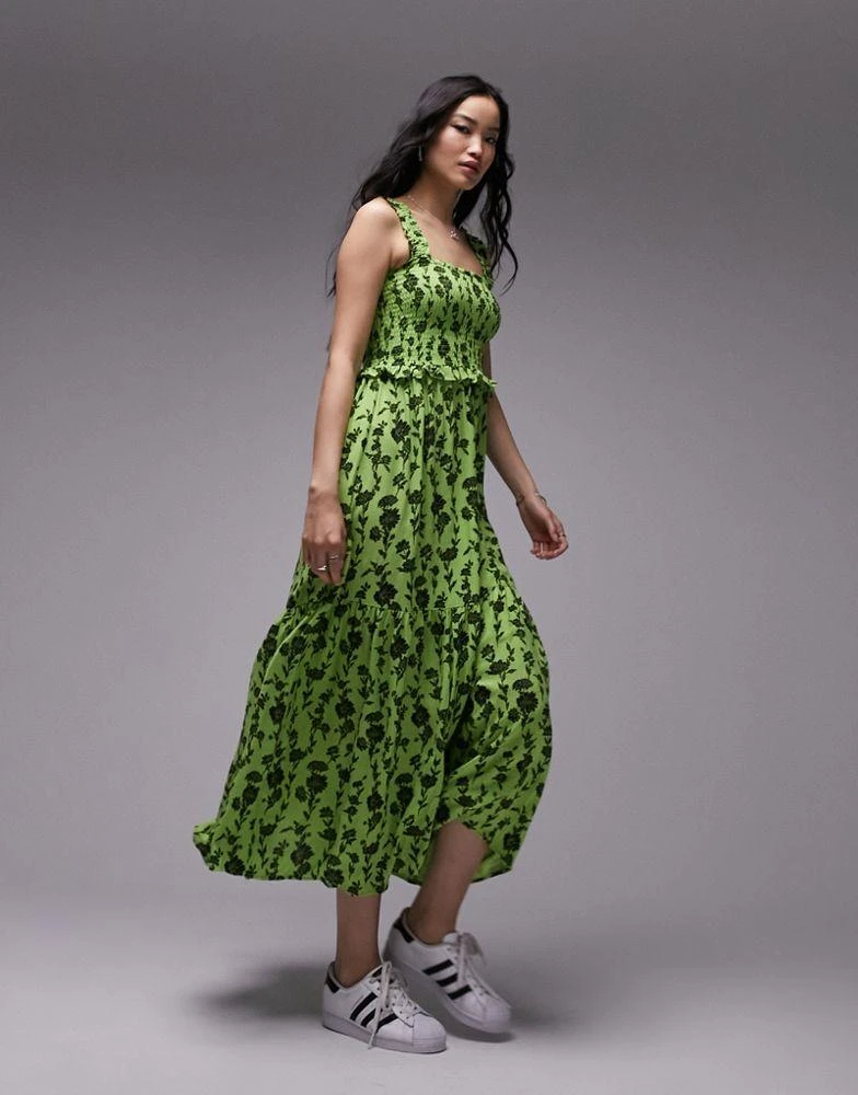 商品Topshop|Topshop shirred pinny midi dress in green and black floral,价格¥252,第4张图片详细描述