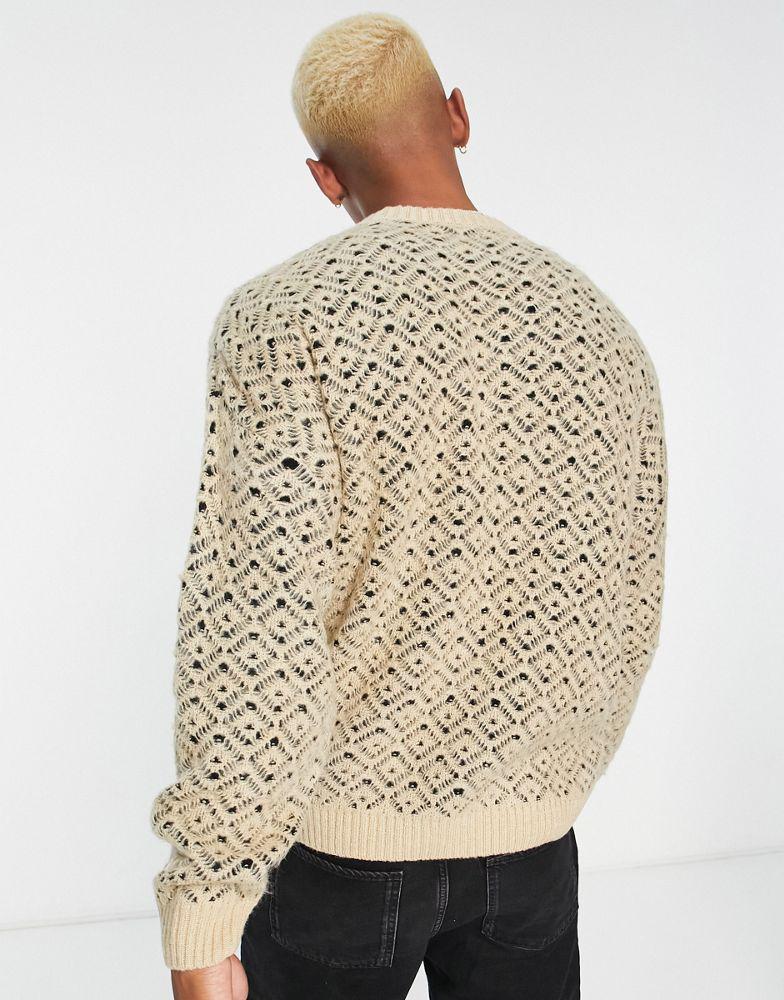 ASOS DESIGN oversized knitted jumper with pattern detail in beige商品第3张图片规格展示