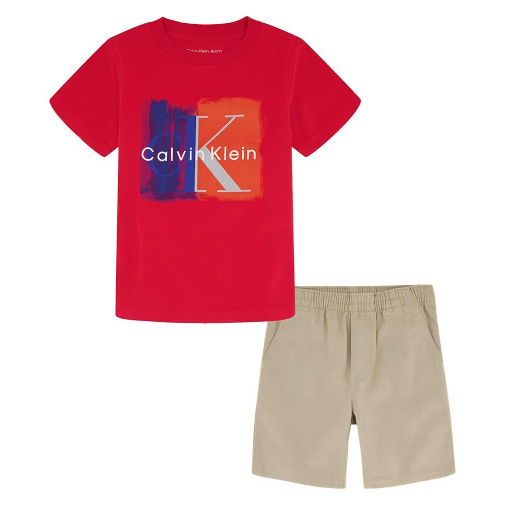 商品Calvin Klein|Little Boys Painted Logo Short Sleeve T-shirt and Twill Shorts, 2 Piece Set,价格¥255,第1张图片