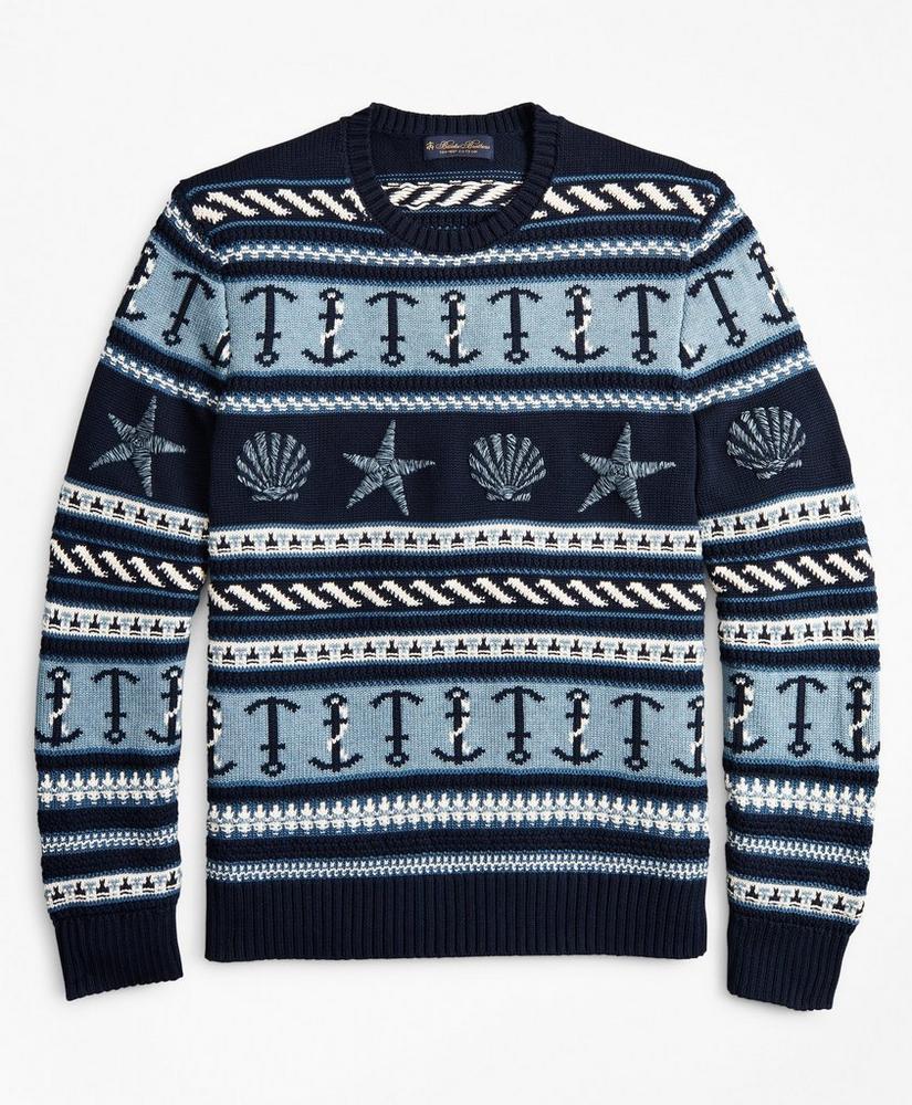 Supima® Cotton Nautical Motif Fair Isle Crewneck Sweater商品第1张图片规格展示