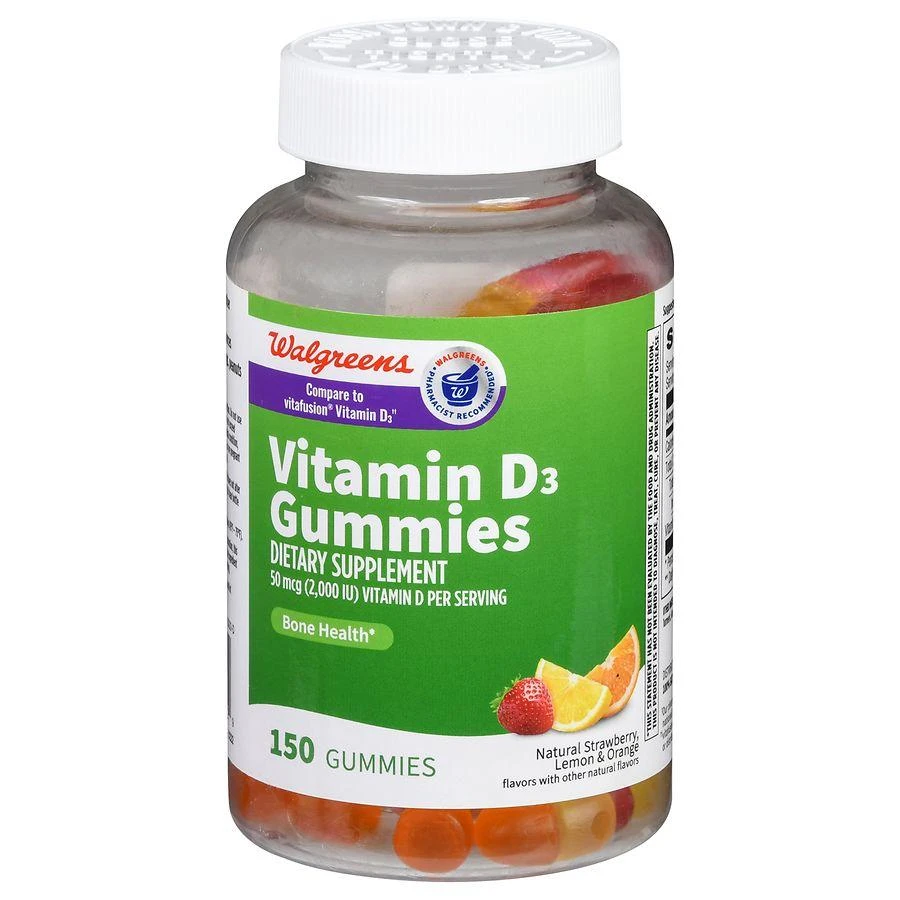 商品Walgreens|Vitamin D3 50 mcg (2000 IU) Gummies (150 days) Natural Strawberry, Lemon and Orange,价格¥98,第1张图片
