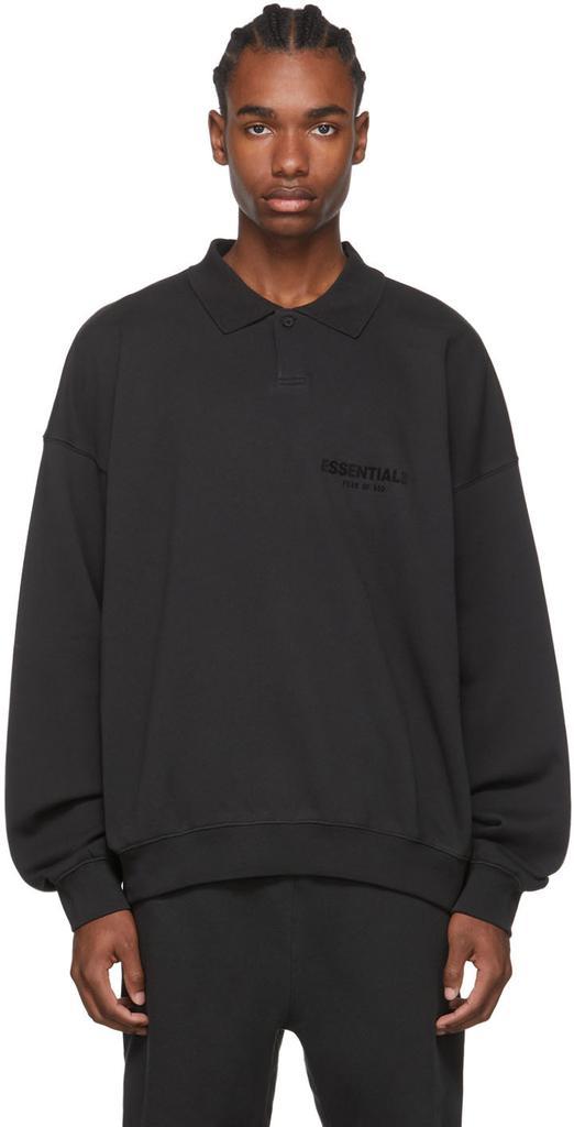 商品Essentials|Black Cotton Long Sleeve Polo,价格¥536,第1张图片