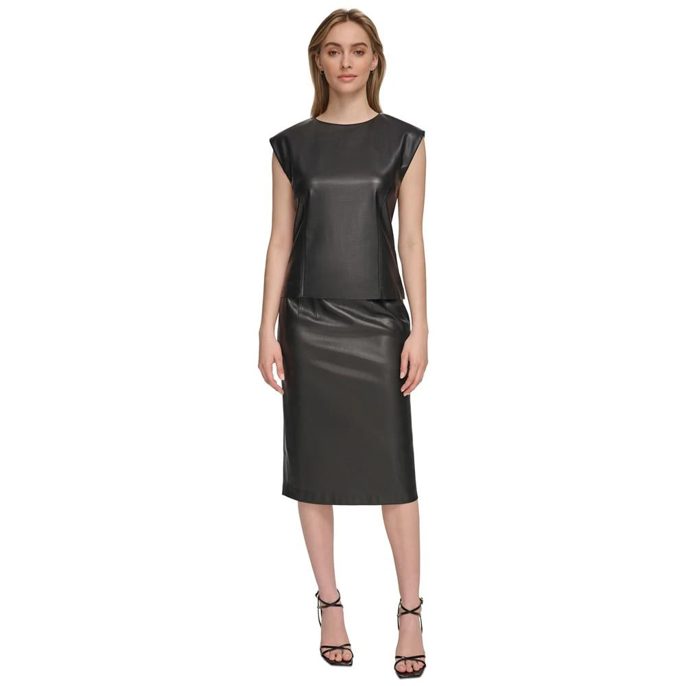 商品Calvin Klein|Women's Faux-Leather Cap Sleeve Top,价格¥606,第5张图片详细描述