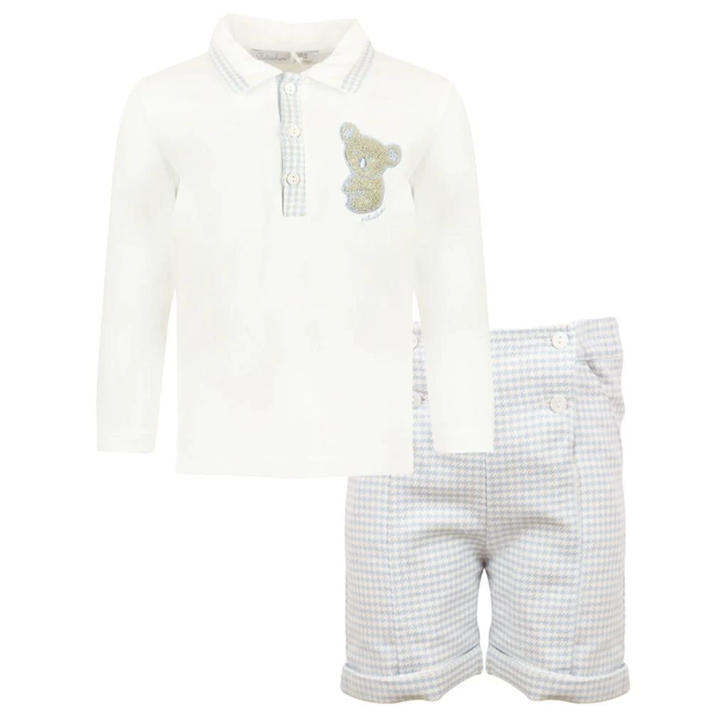 White & Blue Koala Motif Polo Shirt & Check Shorts Set 商品