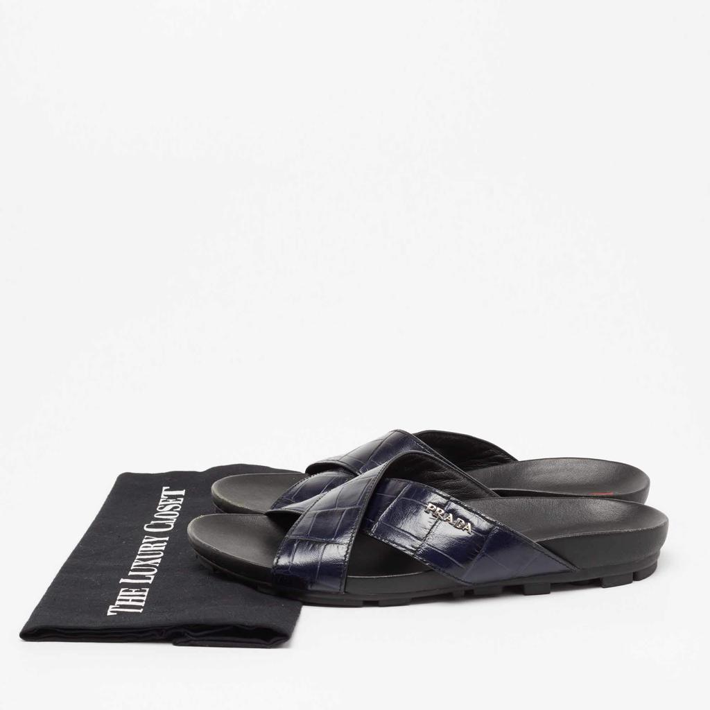 Prada Sport Navy Blue Croc Embossed Leather Flat Slide Sandals Size 39.5商品第9张图片规格展示