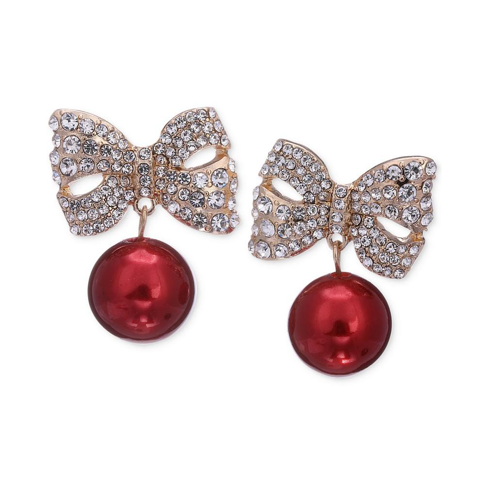 Gold-Tone Pavé Bow & Red Ornament Drop Earrings, Created for Macy's商品第1张图片规格展示