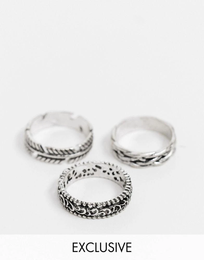商品Reclaimed Vintage|Reclaimed Vintage inspired ring multipack with feather detail in silver,价格¥84,第1张图片