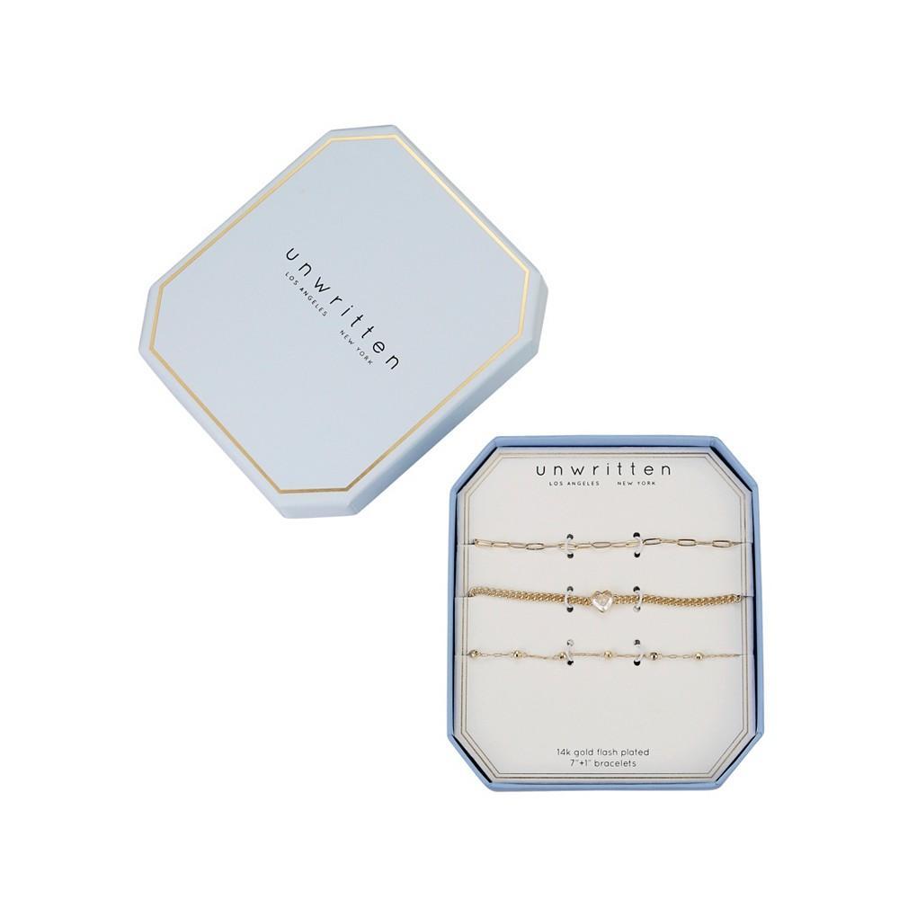 商品Unwritten|14K Gold Flash Plated Brass Cubic Zirconia Heart Chain Bracelet Trio with Extenders Set, 3 Piece,价格¥369,第4张图片详细描述