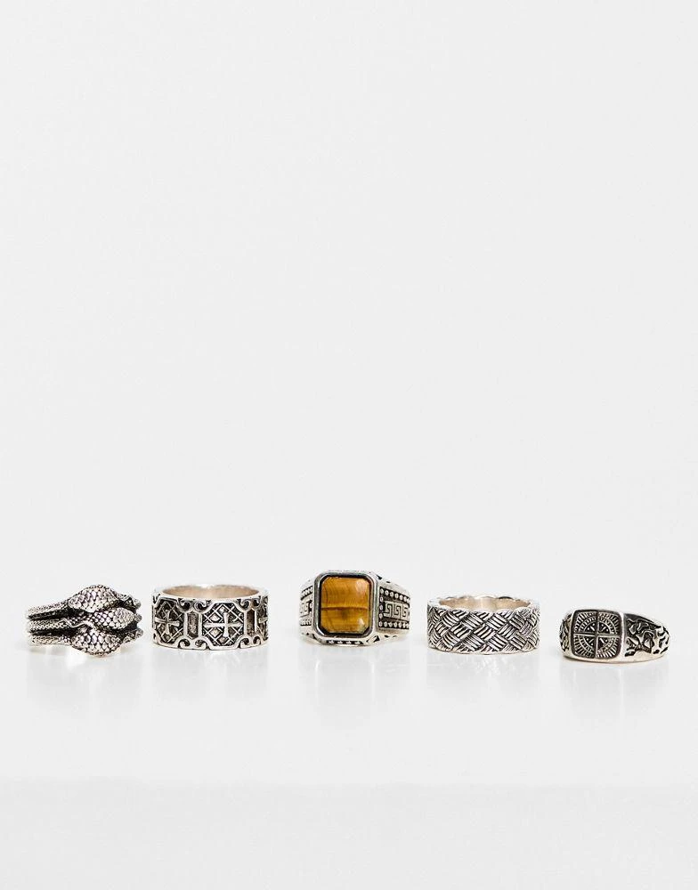 商品ASOS|ASOS DESIGN 5 pack ring set with claw and compass in burnished silver tone,价格¥189,第2张图片详细描述