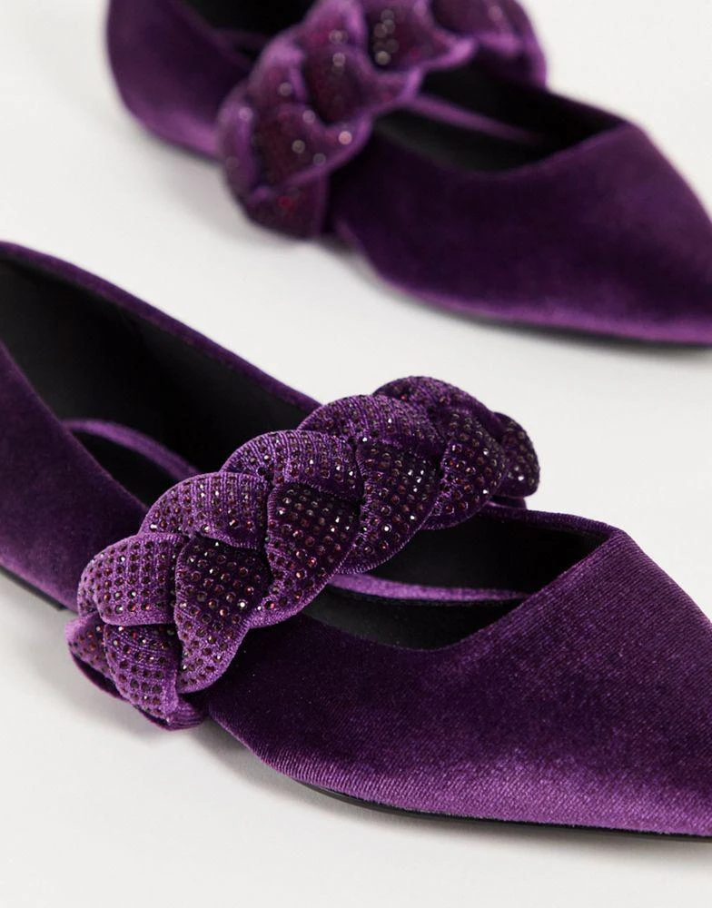 商品ASOS|ASOS DESIGN Wide Fit Liberty plaited pointed ballet flats in purple velvet,价格¥111,第3张图片详细描述