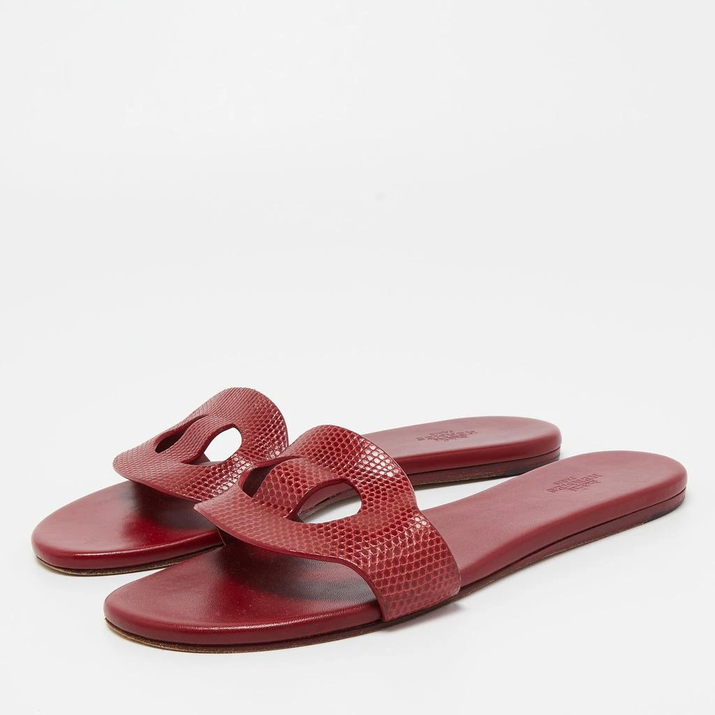 商品[二手商品] Hermes|Hermes Dark Red Lizard Lisboa Flat Slides Size 38,价格¥3529,第2张图片详细描述