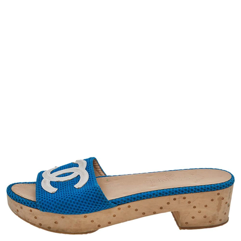 商品[二手商品] Chanel|Chanel Blue/White Mesh And Leather CC Logo Platform Slide Wooden Sandals Size 39,价格¥3620,第2张图片详细描述