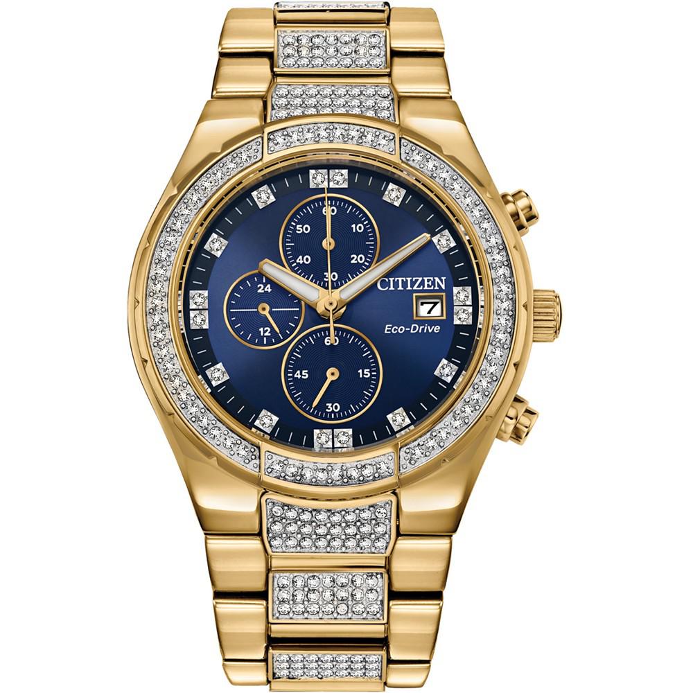 Men's Chronograph Eco-Drive Crystal Gold-Tone Stainless Steel Bracelet Watch 42mm商品第1张图片规格展示