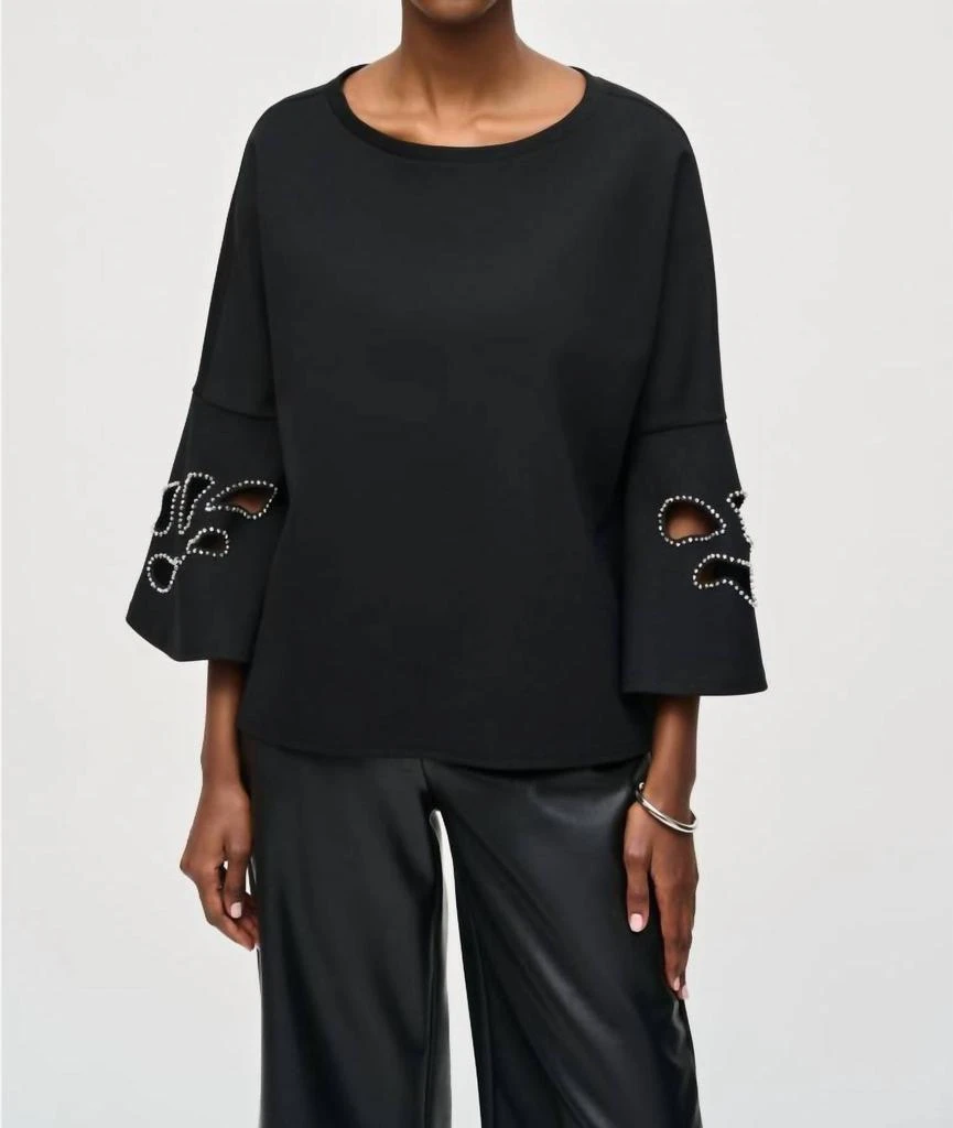 商品JOSEPH RIBKOFF|Embellished Boat Neck Cut-Out 3/4 Sleeves Top In Black,价格¥773,第1张图片