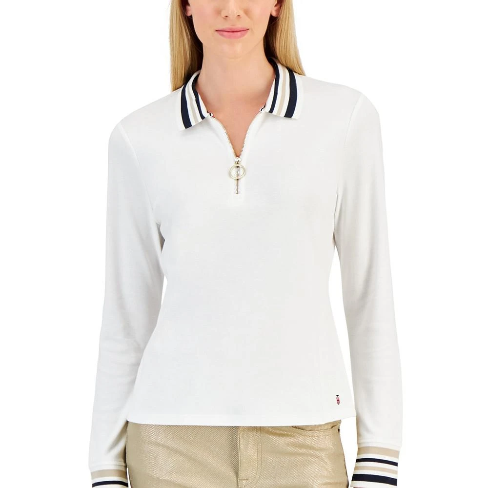 商品Tommy Hilfiger|Women's Cotton Striped-Collar Long-Sleeve Zip Polo,价格¥312,第3张图片详细描述