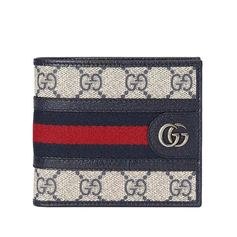 商品Gucci|【预售3-7天】GUCCI/古驰 Ophidia系列 男士米色/蓝色老花帆布红蓝织带配蓝色皮革双G附零钱袋折叠钱包 59760996IWN4076,价格¥3470,第1张图片