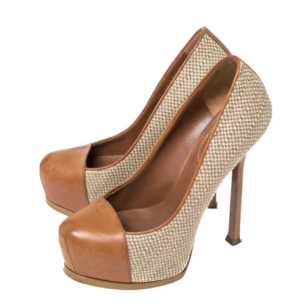 商品[二手商品] Yves Saint Laurent|Saint Laurent Brown/Grey Canvas And Leather Platform Tribtoo  Pumps Size 37,价格¥1253,第4张图片详细描述