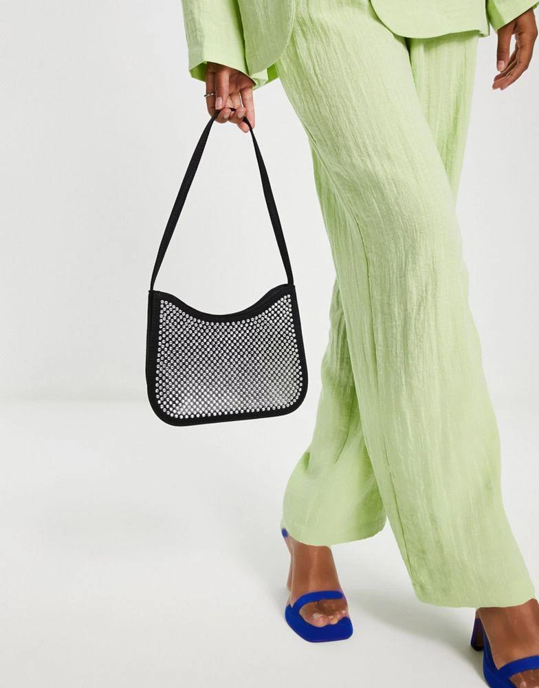 商品ASOS|ASOS DESIGN step gusset diamante shoulder bag in black,价格¥124,第4张图片详细描述