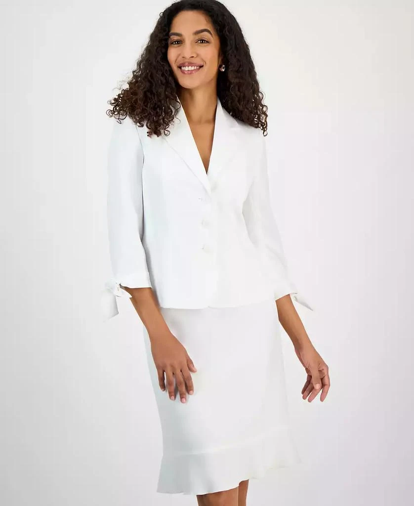 商品Le Suit|Women's Three-Button Tie-Cuff Jacket & Flounce-Hem Skirt Set, Regular & Petite,价格¥517,第2张图片详细描述