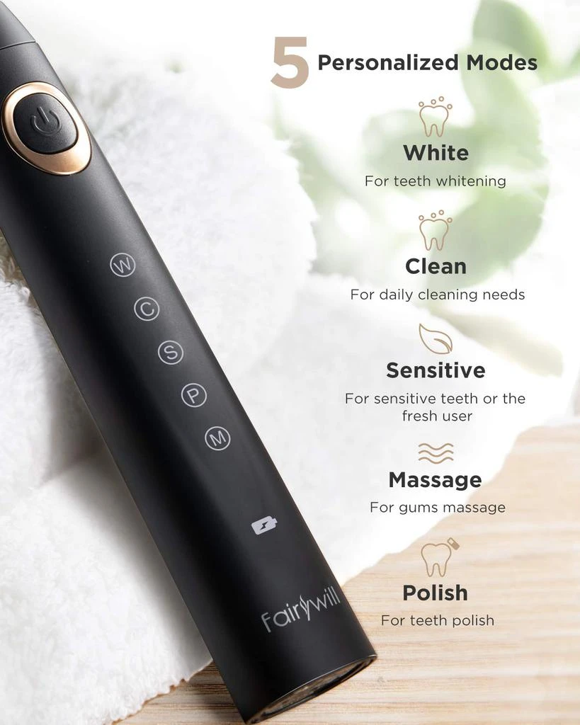 商品Fairywill|Fairywill Electric Toothbrush for Adults and Kids Accepted by American Dental Association, 8 Dupont Brush Heads & Travel Case 5 Modes Rechargeable Whitening Power Sonic Toothbrush Smart Timer Black,价格¥193,第4张�图片详细描述