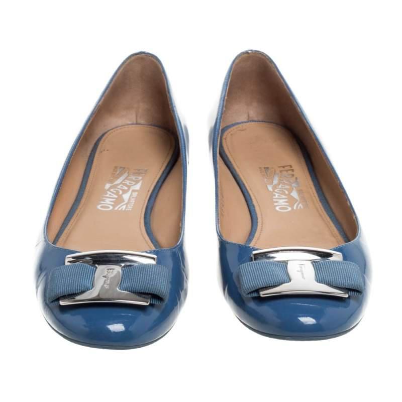 商品[二手商品] Salvatore Ferragamo|Salvatore Ferragamo Blue Patent Leather Ninna Kangaroo Bow Ballet Flats Size 38.5,价格¥1178,第5张图片详细描述