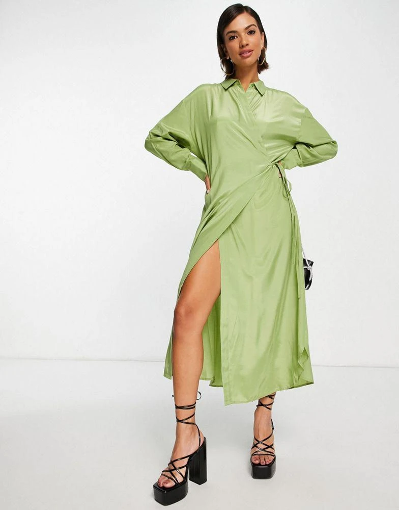 商品Mango|Mango wrap dress with tie detail in sage green,价格¥259,第1张图片