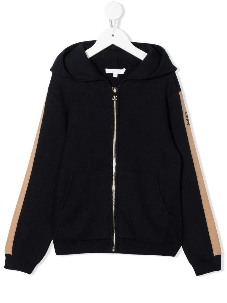 商品Chloé|Chloé Kids Navy Blue Zipped Hoodie With Contrast Stripes,价格¥1621,第1张图片